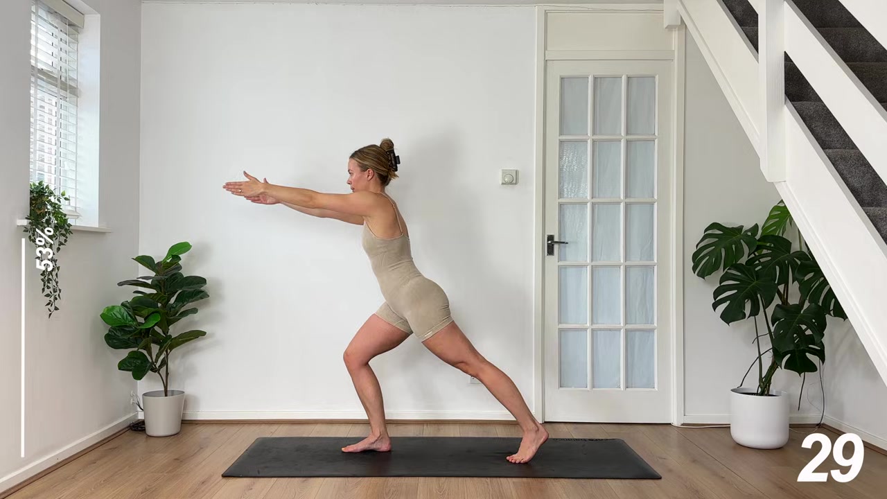 MonikaFit demonstrating front reach and step back, left leg